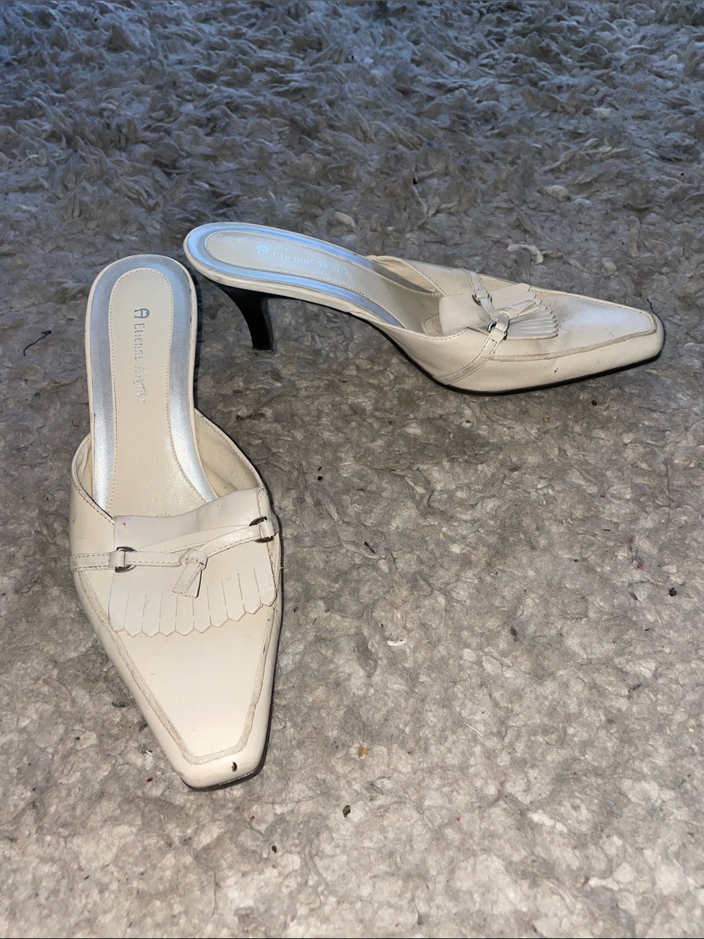 Etienne Aigner Cream Pointed-Toe Kiltie Mule Heels